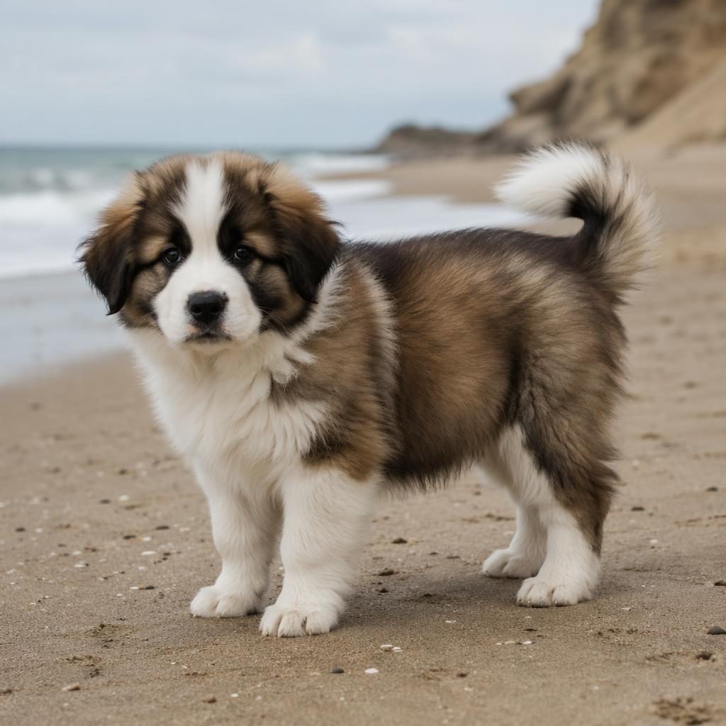 Editorial beach portrait of a fluffy mixed-breed puppy with malamute and maltese traits, soft light and sharp fur detail.