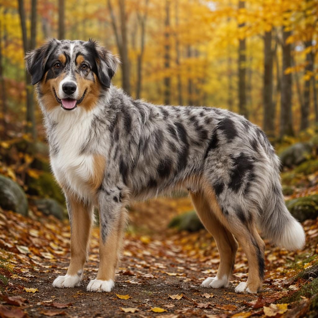 Illustration eines einzelnen jungen Australian Shepherd-Pudel-Mix im herbstlichen Wald, freundlich, entspannt, fotorealisches Fell