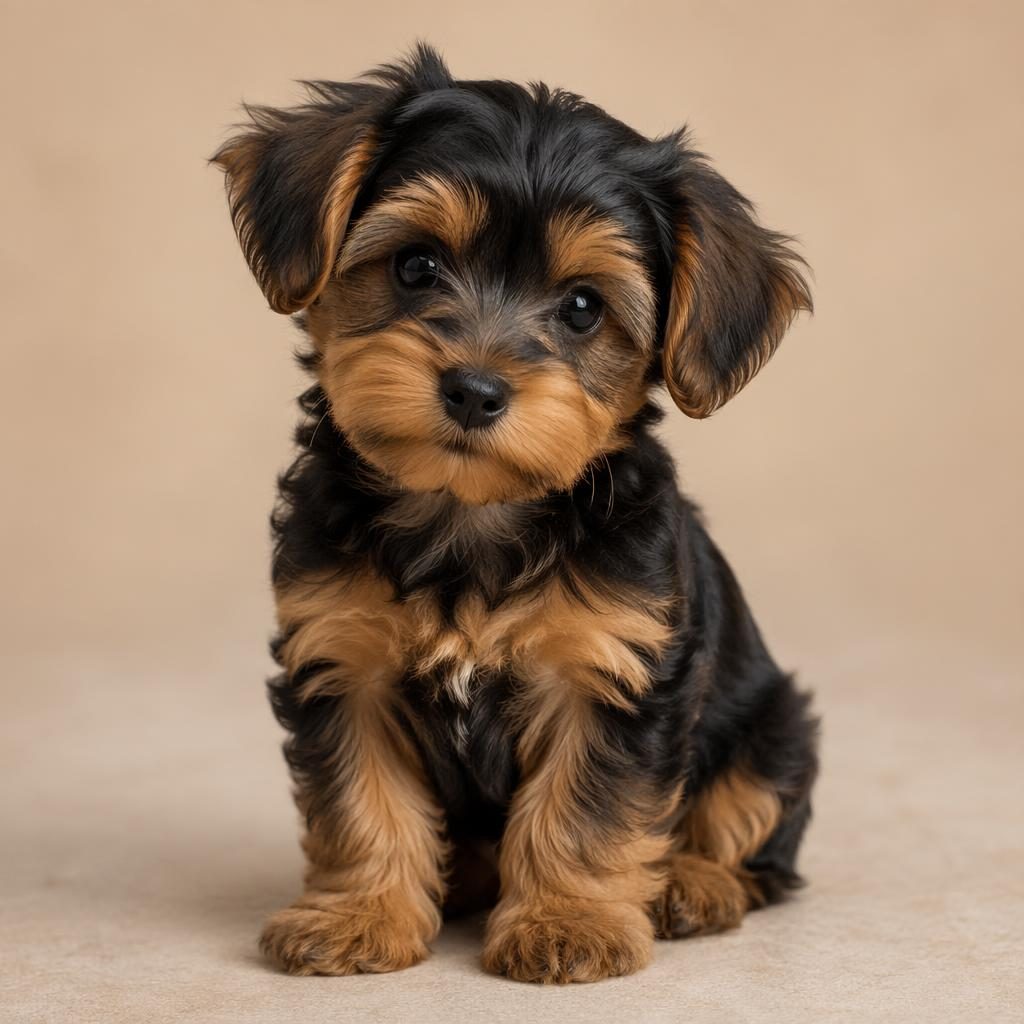 Photo-real yorkipoo-style puppy illustration with soft tan coat, relaxed expression, and neutral background