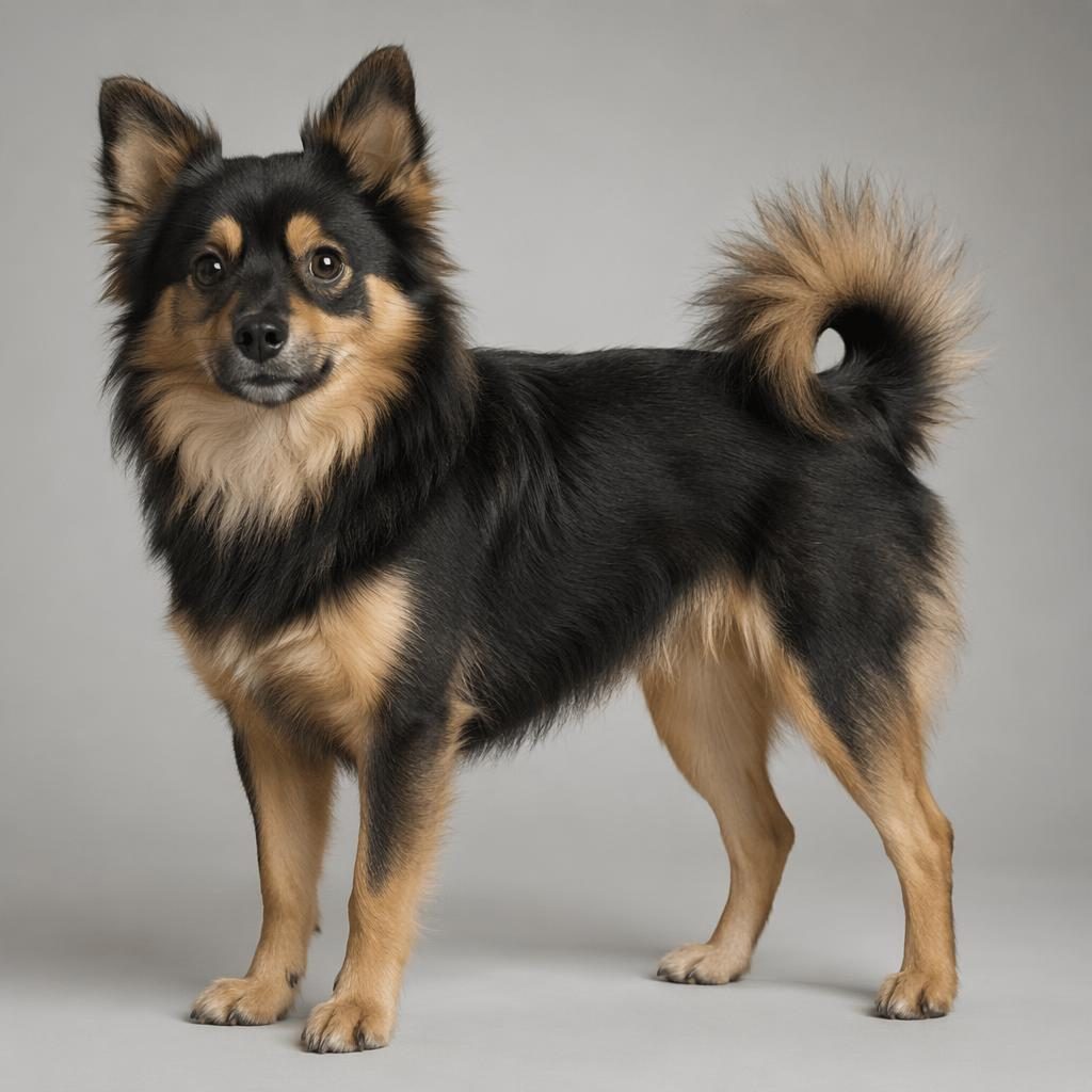 Chien adulte type chiwawa croisé spitz, seul en studio, pelage rare, expression douce, fond neutre.