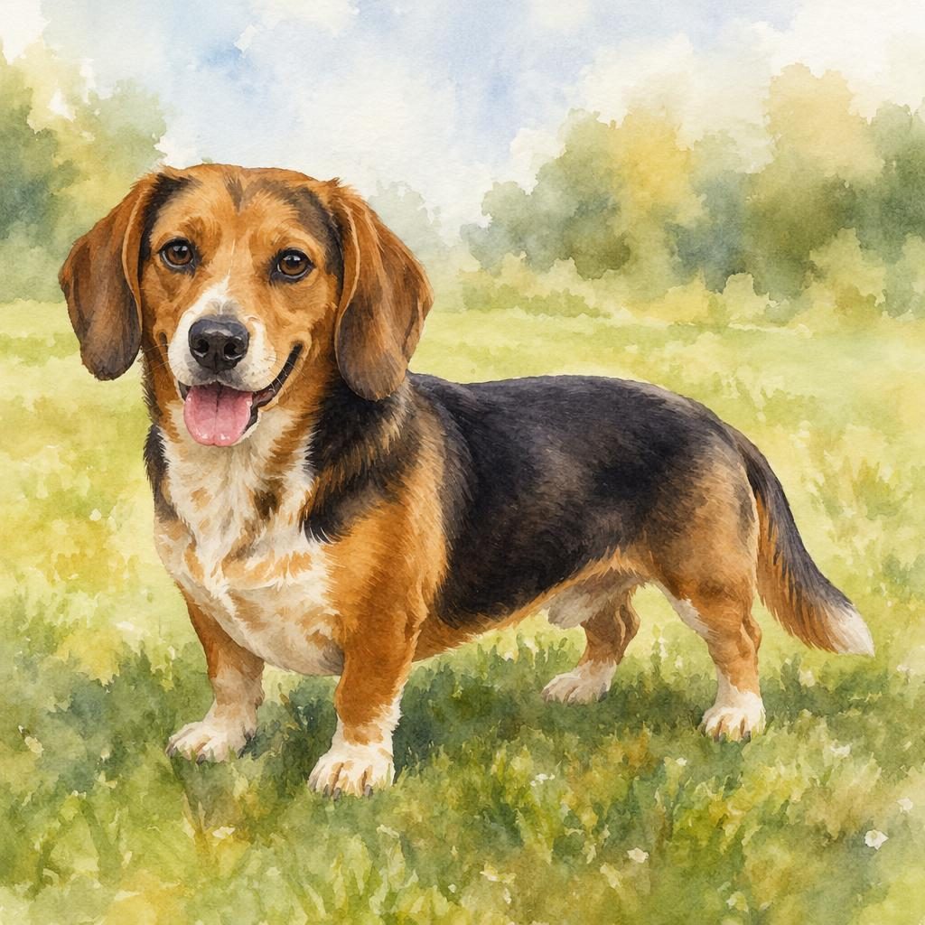 Watercolor portrait of a senior chonzer dog standing in a grass meadow with a relaxed expression and soft natural light.