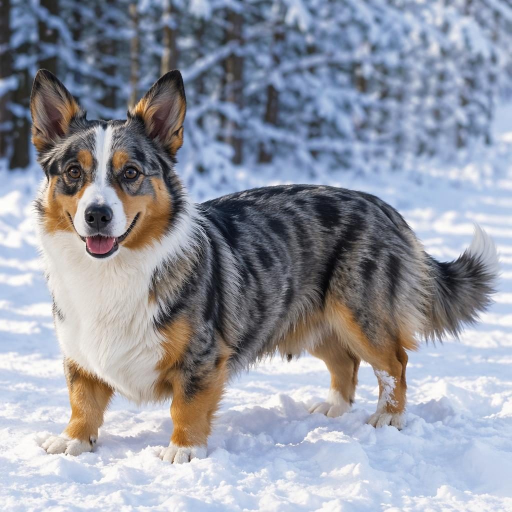 Ein einzelner erwachsener Corgi-Husky-Mix als Aquarell in verschneiter Landschaft, freundlich, gepflegt und fotorealistisch.