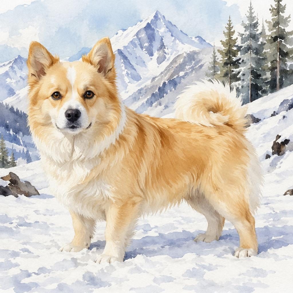 Aquarell eines einzelnen Bulldogge-Samojede-Mix-Hundes mit goldenem Fell in verschneiter Landschaft