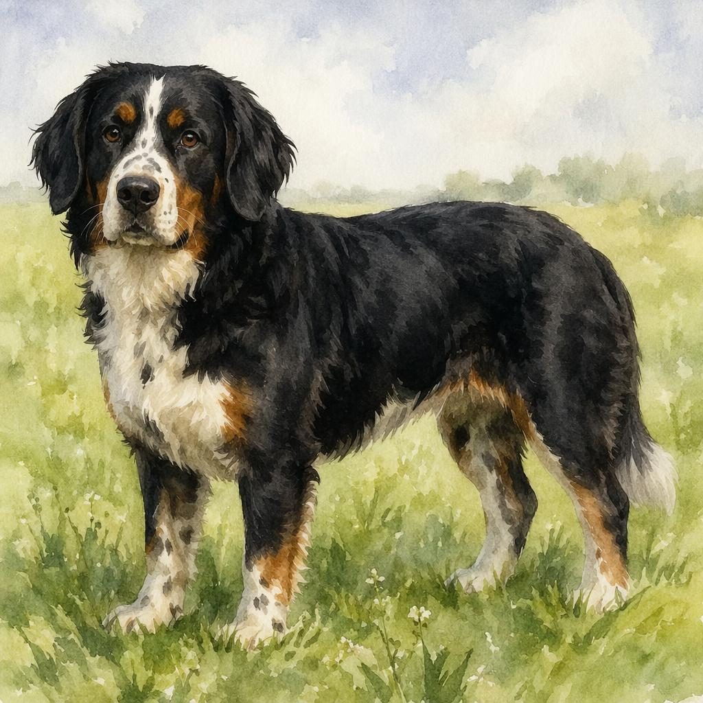 Ein einzelner junger Hund im Aquarellstil auf einer Graswiese, freundlich, gepflegt und mit weicher Fellstruktur.