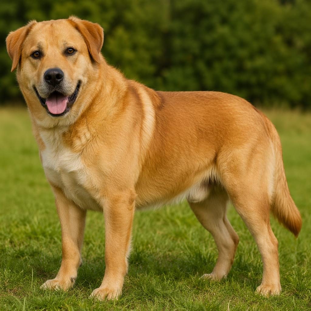 Senior mixed-breed dog in a grass meadow, relaxed and friendly, with realistic fur and soft natural outdoor lighting.