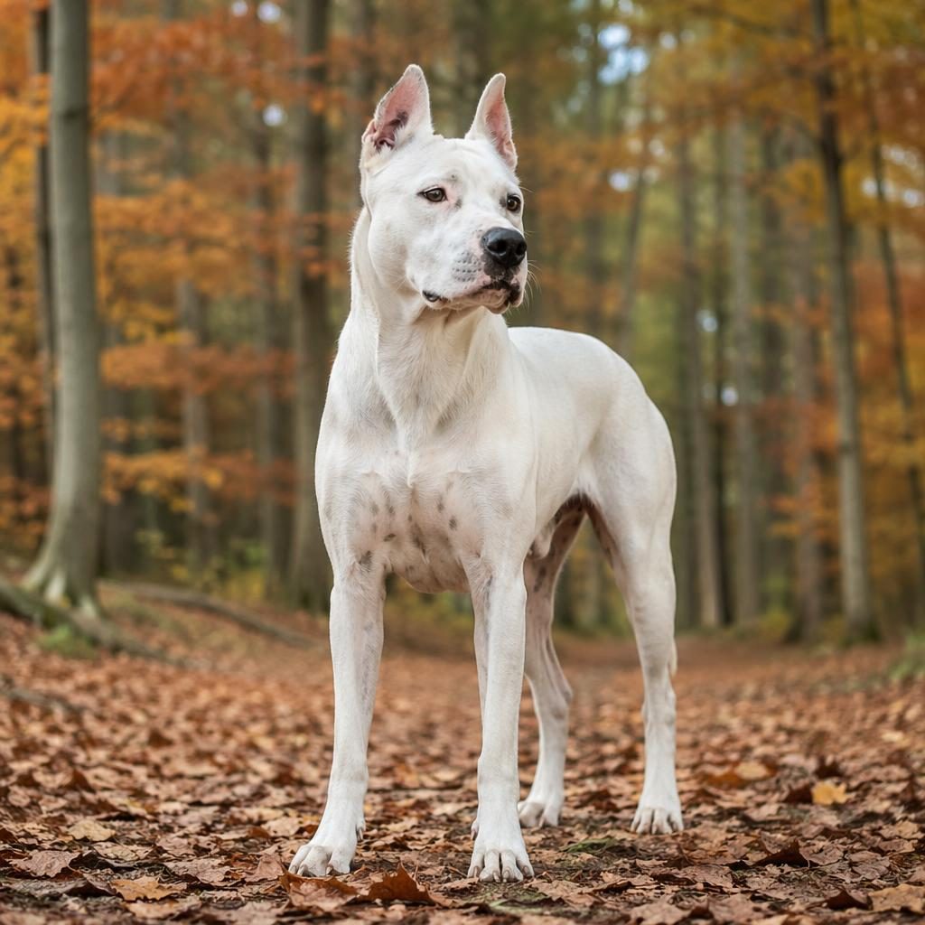 Senior mixed-breed dog with fluffy white coat and compact build standing in an autumn forest, relaxed and well groomed.
