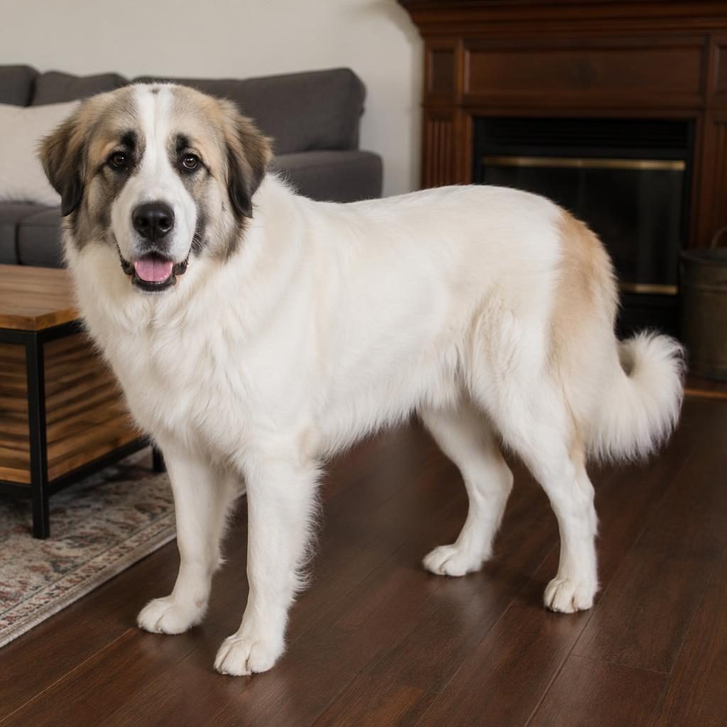 Photoreal hybrid dog resembling an anatolian great pyrenees mix, relaxed in a cozy living room with soft light