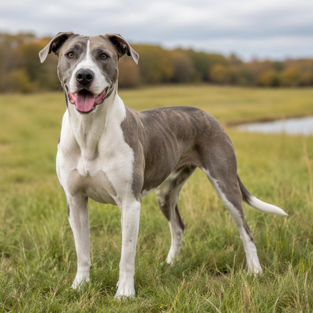 Senior Husky Weimaraner mix dog standing in a grass meadow, grey blended coat, relaxed expression, sharp fur detail