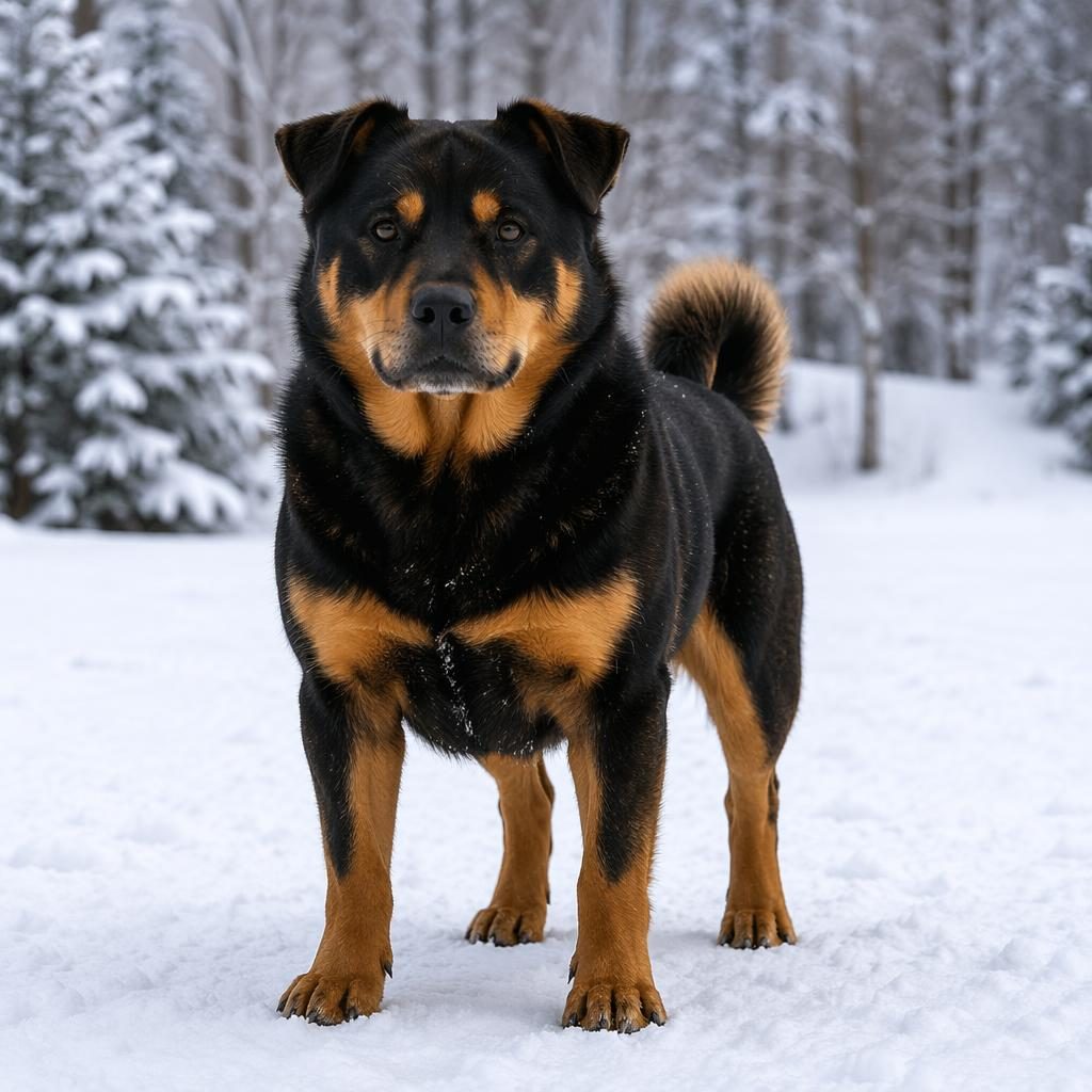 Single adult hybrid dog with beagle and Newfoundland traits in a snowy landscape, relaxed, well-groomed, photo-real fur.