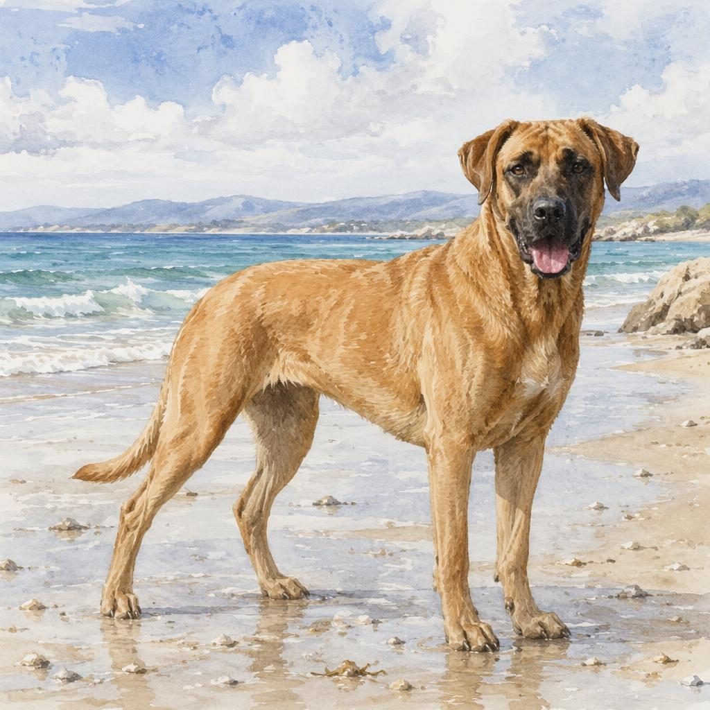 Ein einzelner kurzhaariger großer Mischlingshund im Aquarellstil steht entspannt am Strand bei weichem Licht.