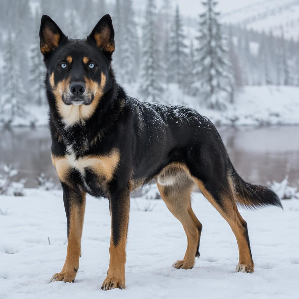 Single adult mixed-breed dog in a snowy landscape, relaxed and friendly, with realistic fur and soft natural light