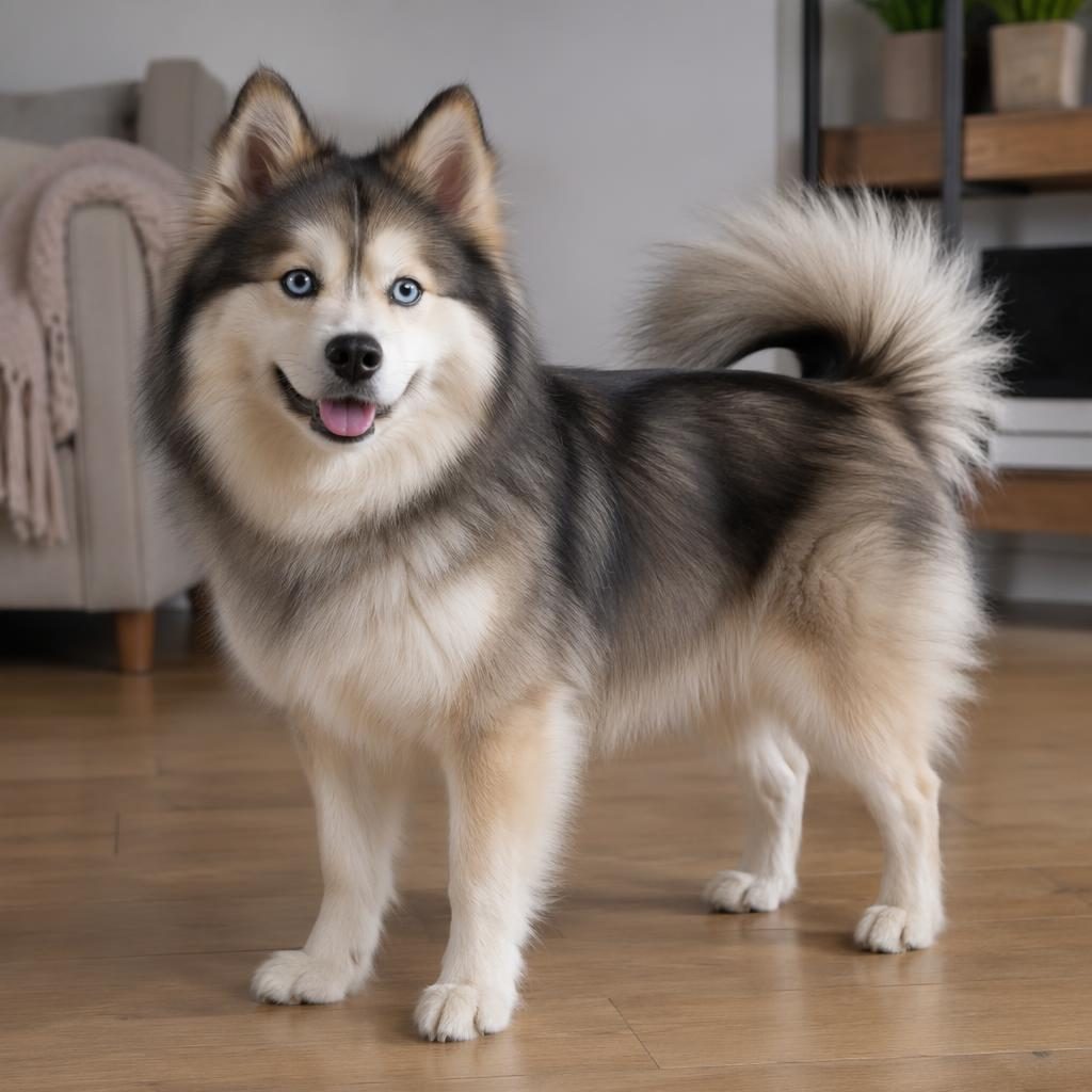 Ein einzelner junger Bulldog-Australian-Shepherd-Mix mit Fell von Parent B, entspannt im gemütlichen Wohnzimmer.