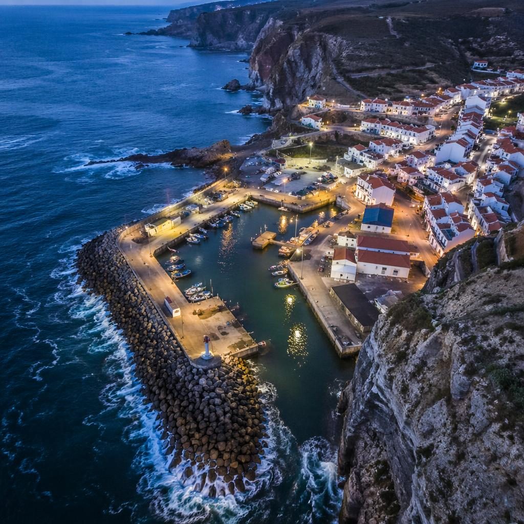 Drohnen-Luftbild eines Fischerhafens in Portugal an Klippen zur blauen Stunde, mit Booten, Hafenbecken und Küstenort