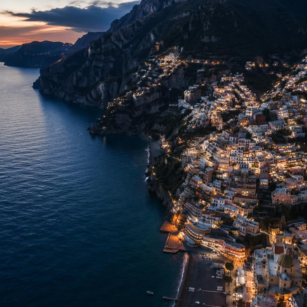 Drone aerial view of an Amalfi Coast village at dusk with snowy alpine resort styling, cool blue tones and tilted angle
