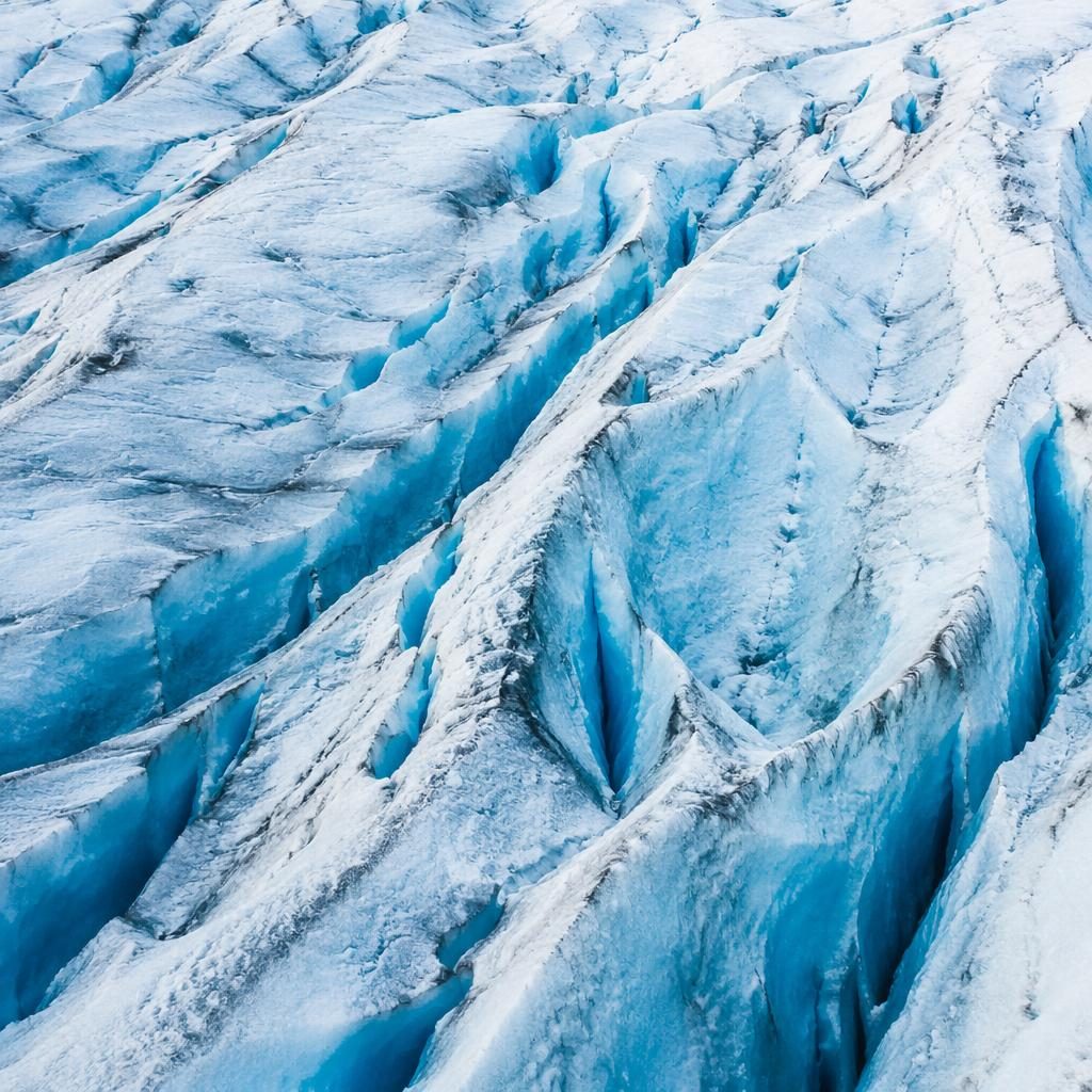 Drone oblique photo of glacier crevasse patterns at dusk, with sharp icy textures and a vibrant tilted aerial view.
