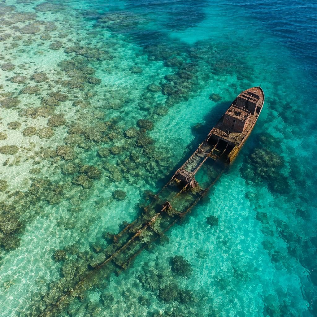 Drone aerial view of desert dune patterns meeting shallow blue ocean around a shipwreck reef at noon.