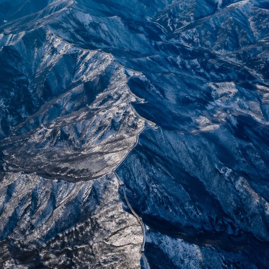 Drone aerial photograph: vineyard rows, dynamic tilted angle at dusk lit. minimal painterly, cool blue ocean palette. Sh