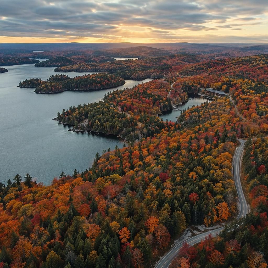 Drone aerial view of an infinity pool resort surrounded by patchwork autumn forest in Canada under soft overcast sunset light.