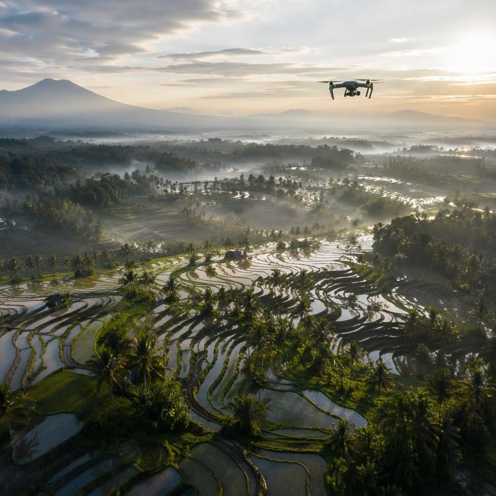 Drone aerial view of Bali rice terraces at sunrise with layered green fields, soft overcast light, and cool blue tones