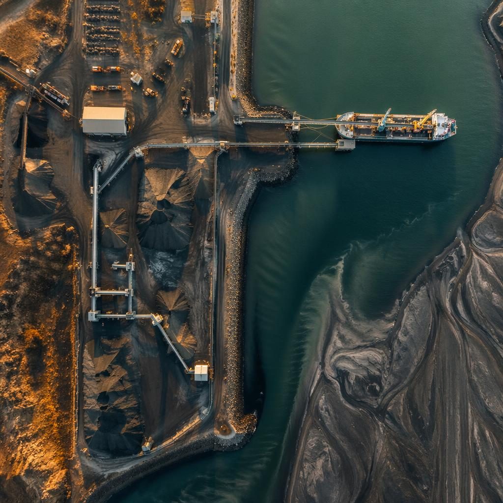 Top-down drone view of an industrial port on Icelandic black sand at golden hour with sharp autumn-toned detail
