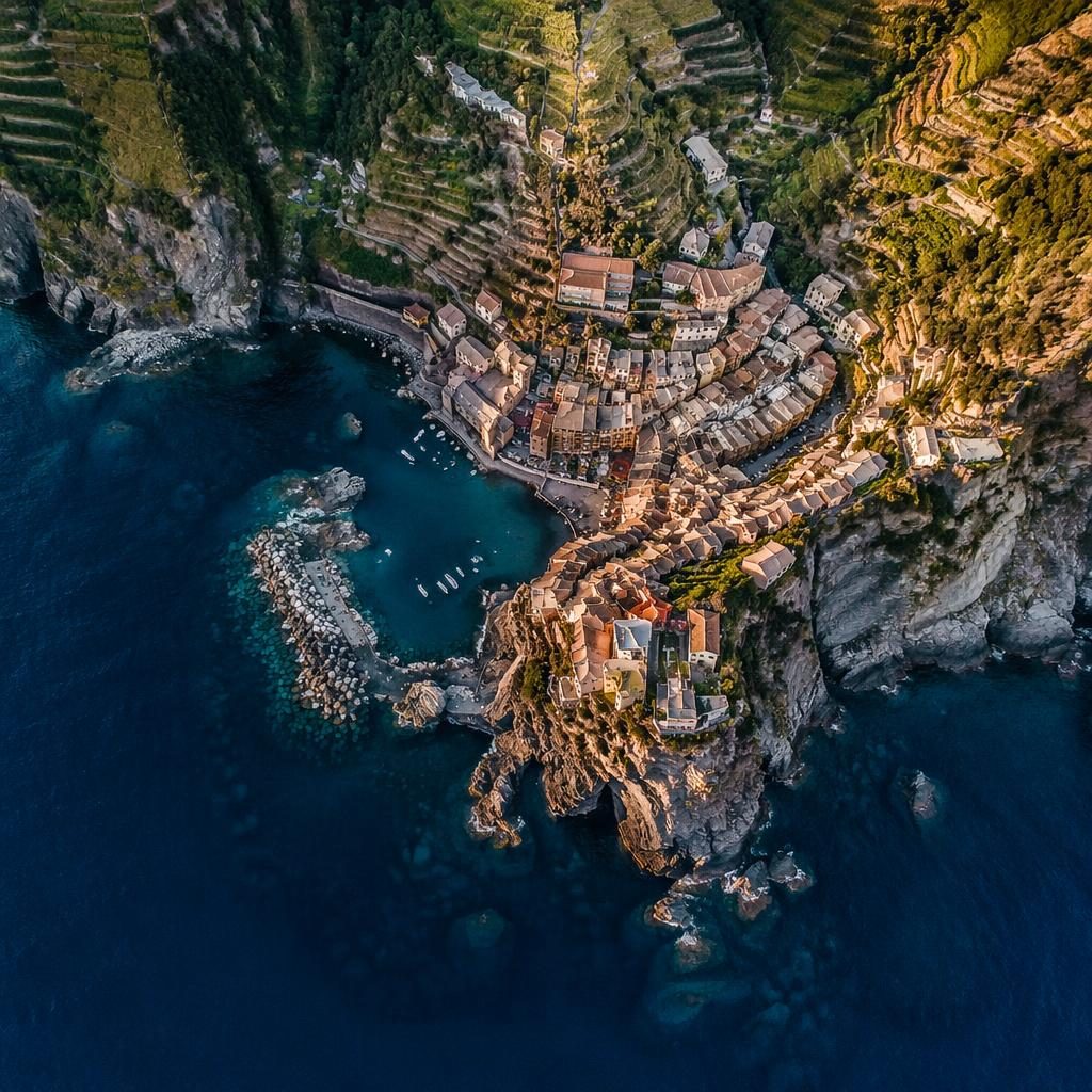 Top-down drone view of Cinque Terre cliffside towns with patterned lavender and tulip fields at golden hour.