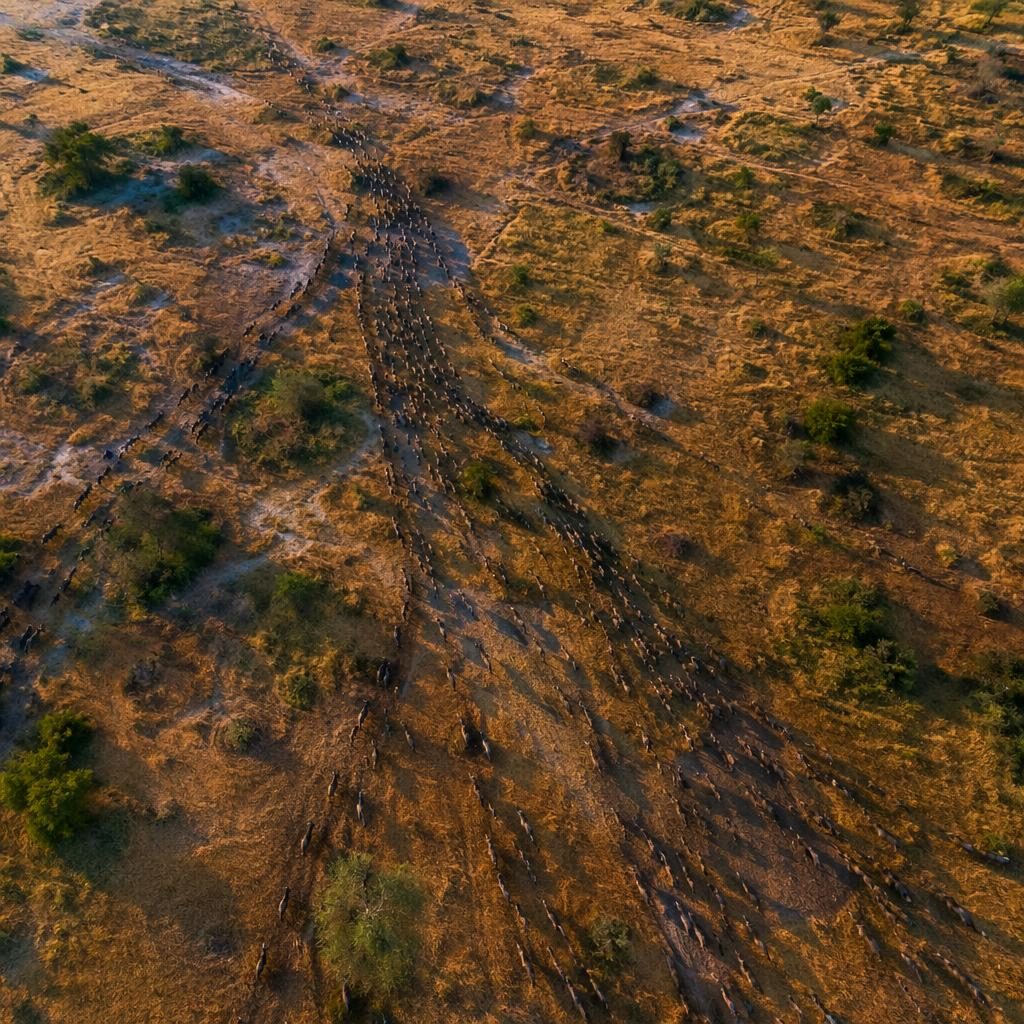 Drone aerial view of a savannah migration herd crossing patchwork fields at blue hour in warm sunset light.