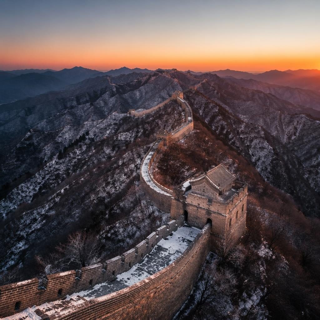 Drone aerial view of the Great Wall on a winter mountain ridge at dusk, shown at a dynamic tilted angle with sharp detail.