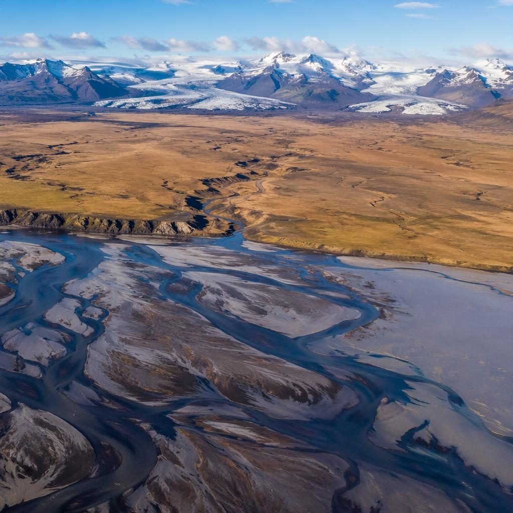 Drone aerial view of vineyard-like rows across Iceland delta black sand at noon, sharp HDR detail and muted pastels.