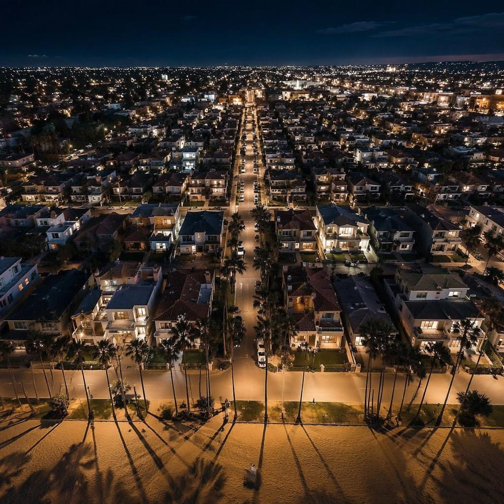 Fotografía aérea nocturna de un barrio suburbano con luces de ciudad, vista cenital amplia y sombras largas de palmeras.
