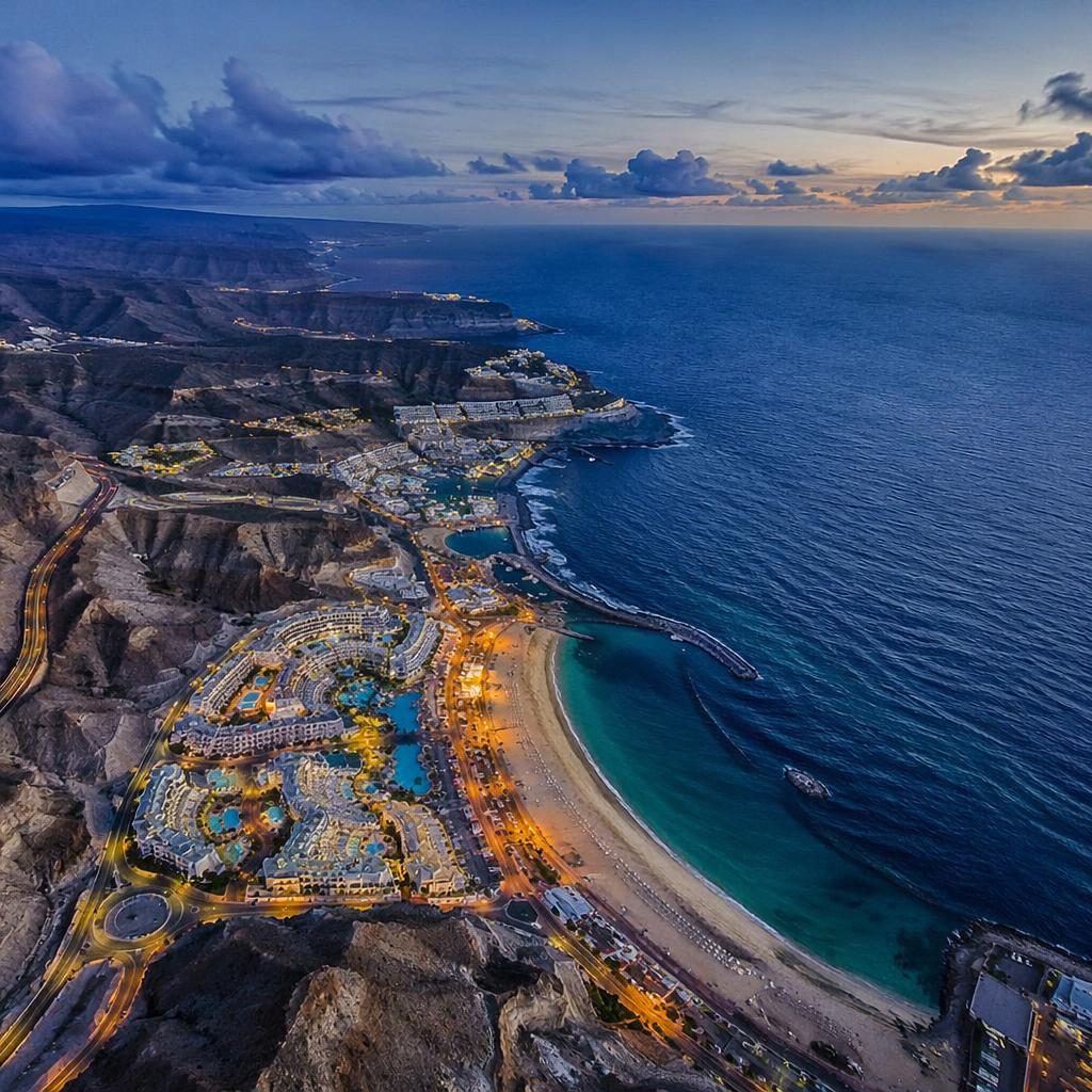 Foto aérea con dron de una isla tropical al anochecer, vista oblicua de 45 grados, mar azul y detalle nítido