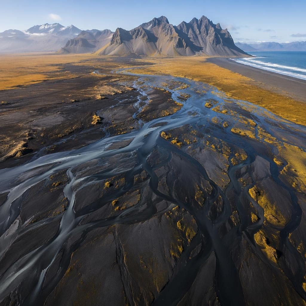 Low-altitude drone view of vibrant tulip and lavender-like fields over Icelandic black sand delta at noon.