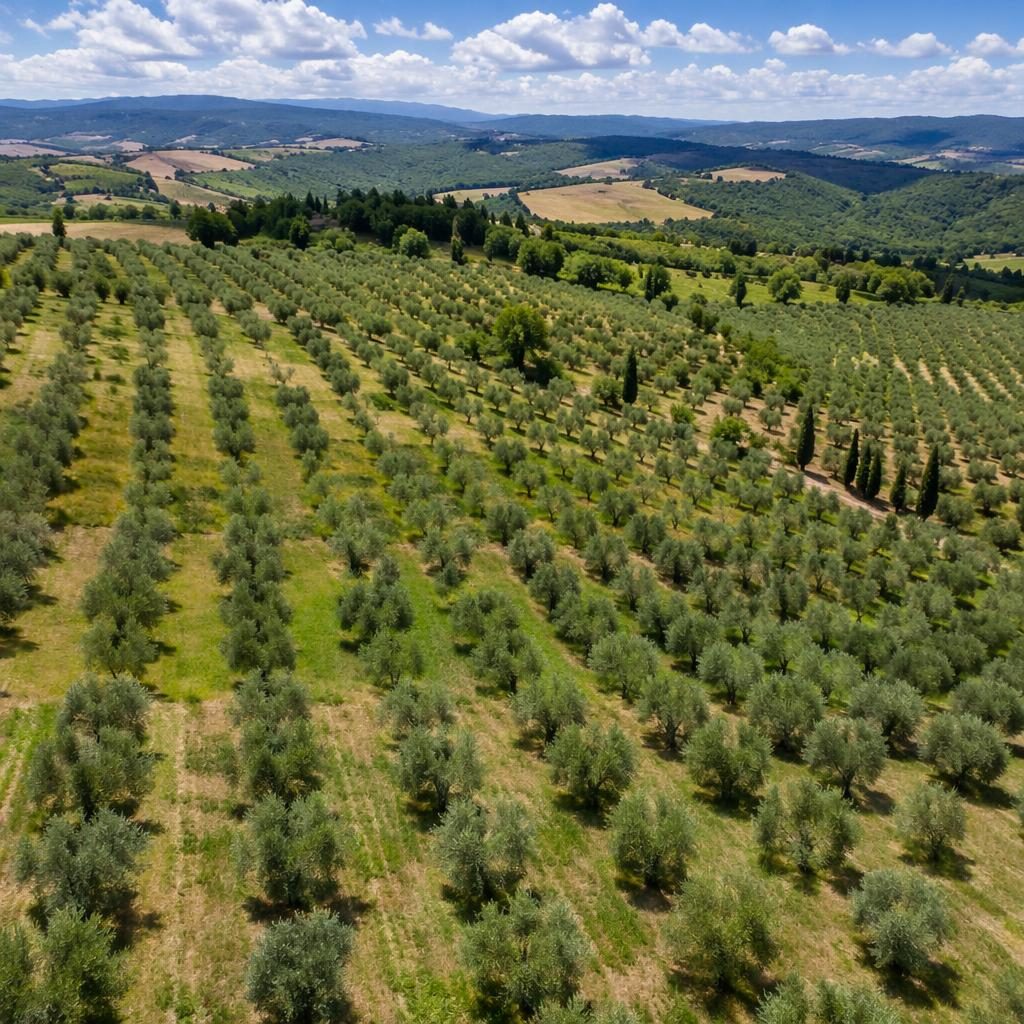 Drone aerial view of neat olive grove rows in Tuscany at noon, with sharp top-down detail and vibrant natural tones.