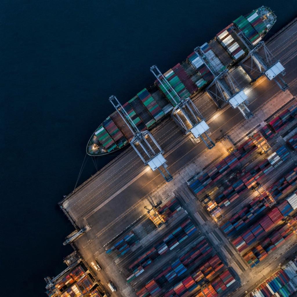 Fotografía aérea con dron de un puerto industrial al atardecer, ángulo inclinado, simetría marcada y alto contraste.