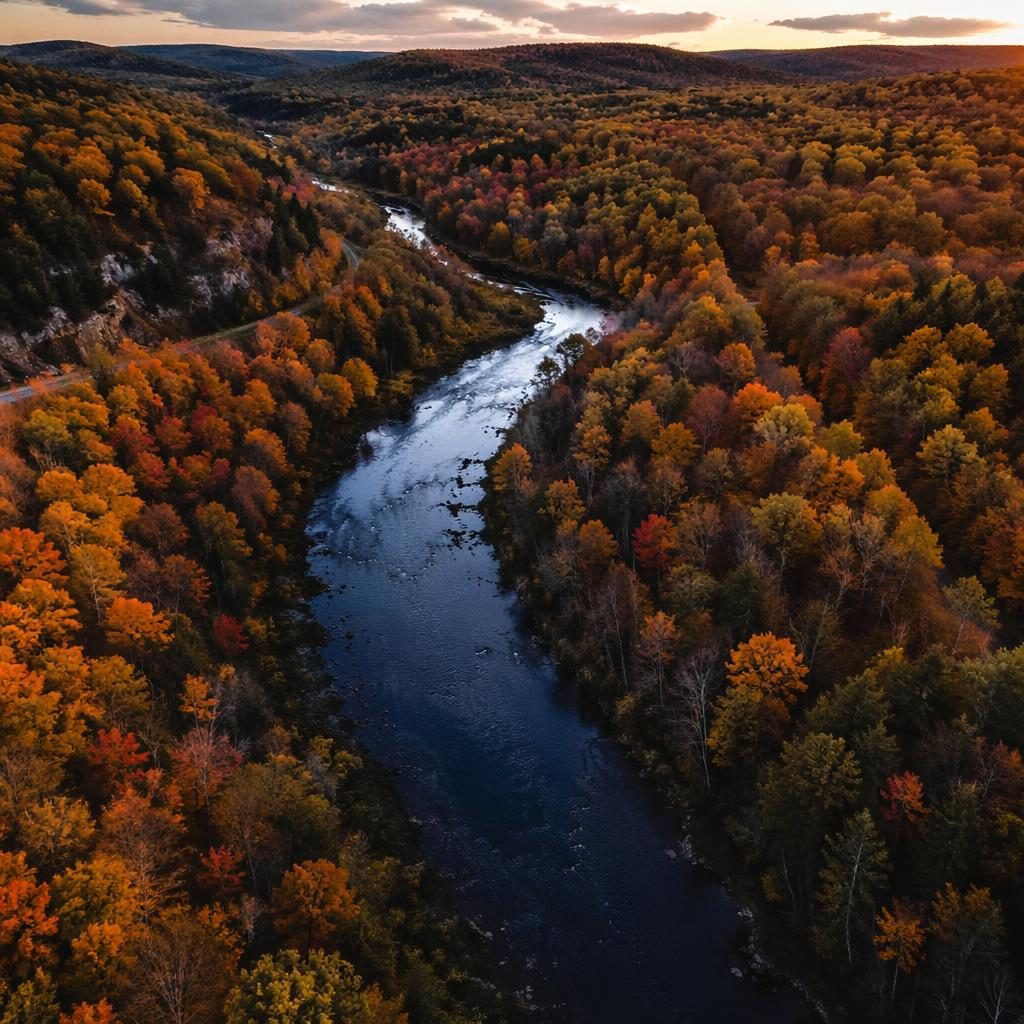 Tilted drone view of a river winding through a Canadian autumn valley at dusk with patchwork forest in saturated color.