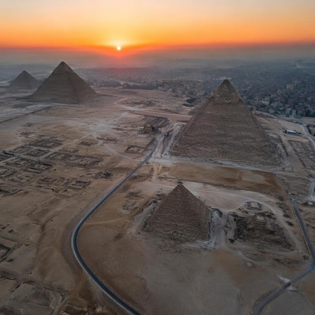 Tilted drone aerial view of the Giza pyramids at dawn with lavender and tulip-like fields in cool blue dusk tones