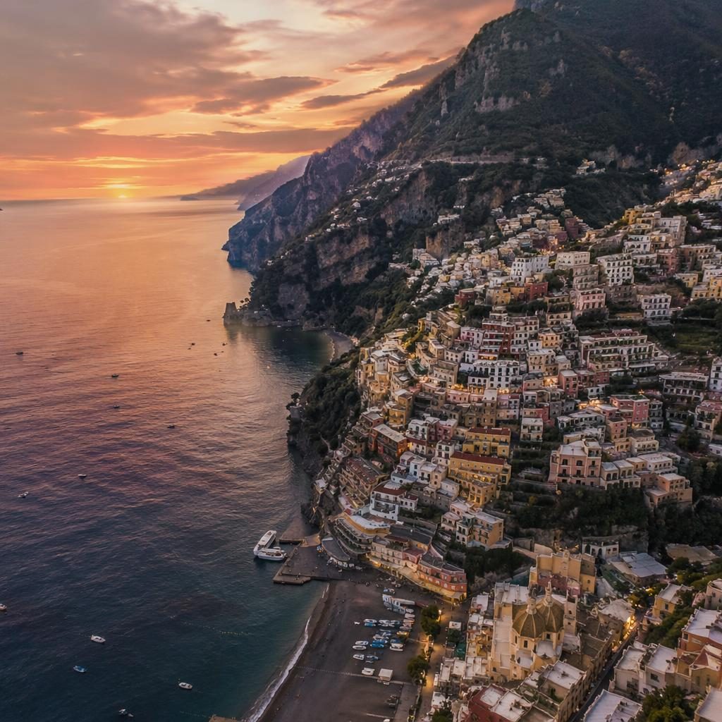 Photo aérienne par drone d’un village de la côte amalfitaine au crépuscule, vue du ciel, mer calme et lumière douce