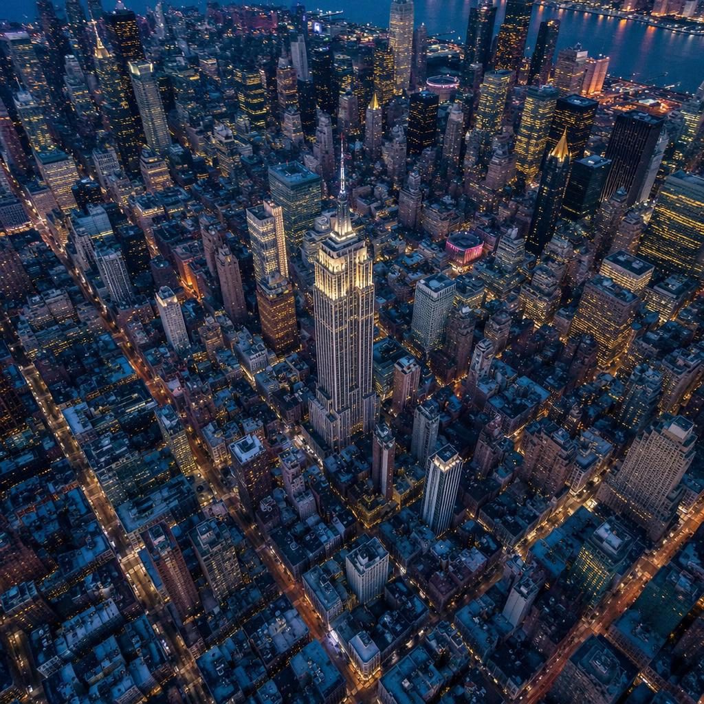 Drone view at blue hour over an autumn forest canopy with vibrant foliage and distant Manhattan grid evening lights.