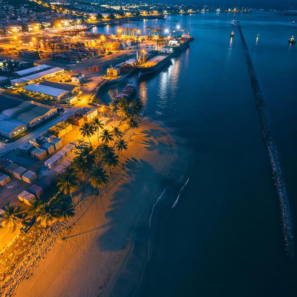 Vue aérienne de nuit d’un port industriel panoramique, lumières urbaines, détails nets, palette tropicale vibrante.