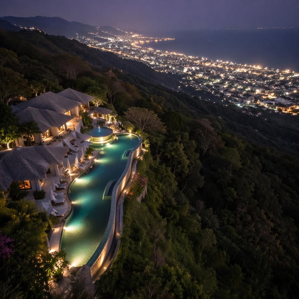 Drone aerial view of an infinity pool resort at night with city lights and reef-like coral patterns in the water