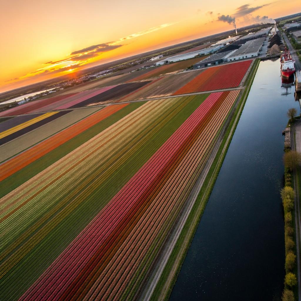 Schräg aufgenommene Drohnenaufnahme von gestreiften Tulpenfeldern in den Niederlanden bei Dämmerung in Herbsttönen