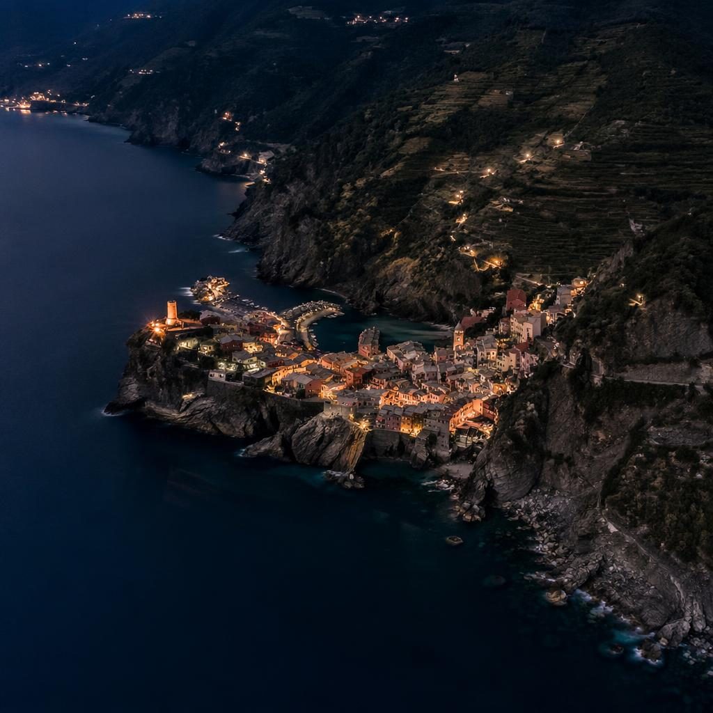 Top-down night aerial of Cinque Terre cliffside towns, patchwork fields, and glowing city lights in muted vintage tones.