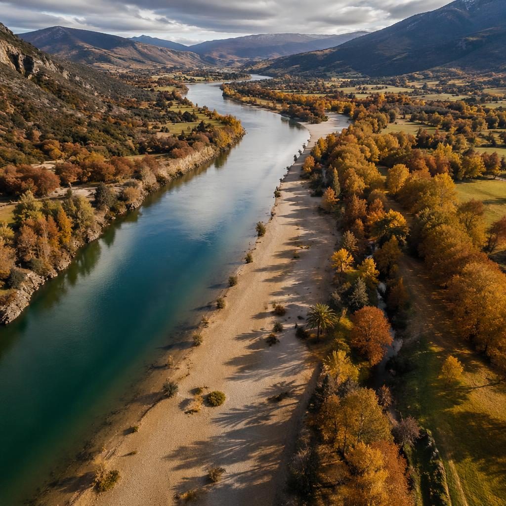 Fotografía aérea con dron de un río atravesando un valle otoñal, luz suave nublada y sombras largas de palmeras.
