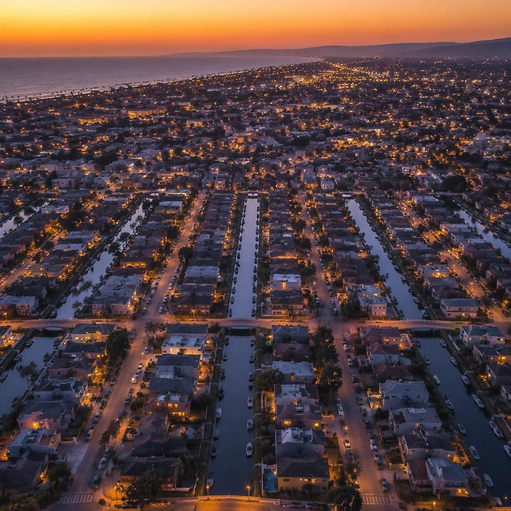 Drone aerial view of Venice canal grid at dawn, wide panoramic neighborhood scene with warm film tones and city lights.