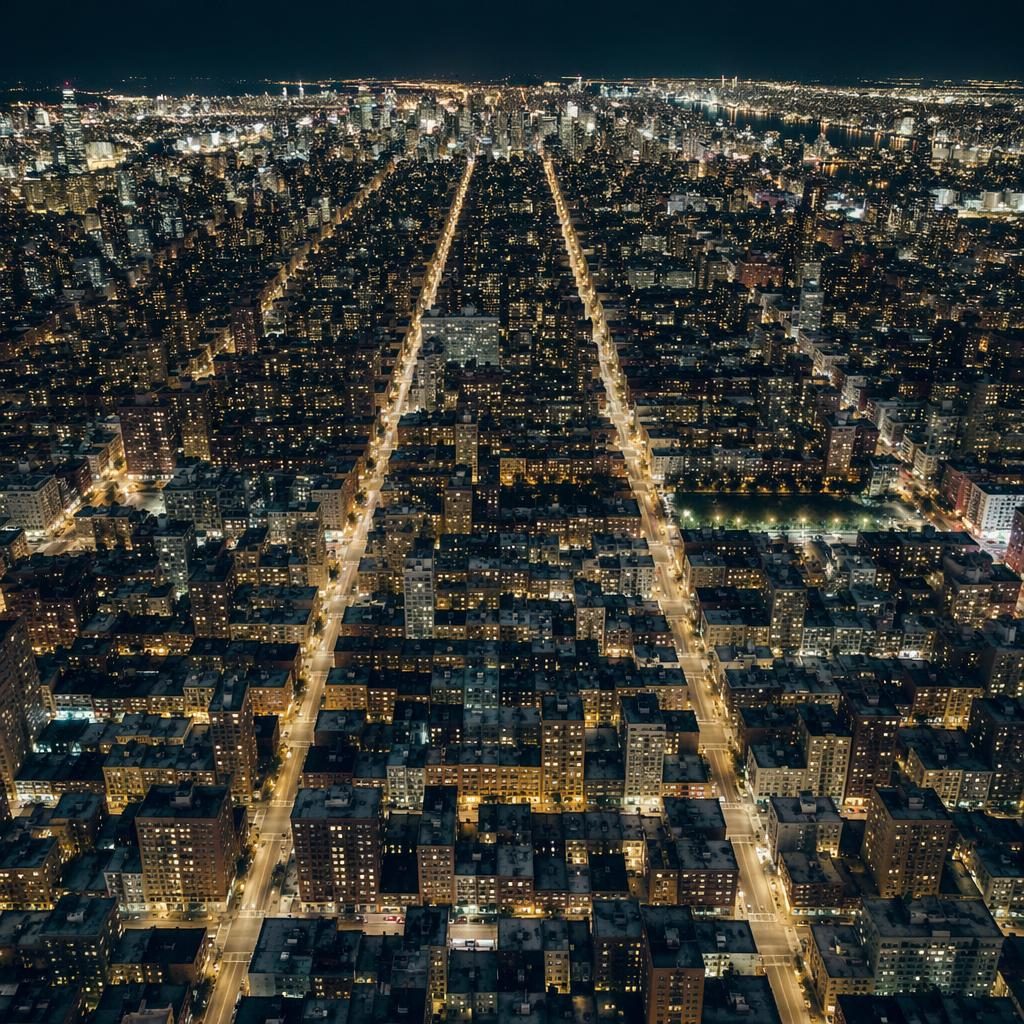Drone aerial view of a suburban neighborhood at night, with Manhattan-style grid lights in muted vintage film tones.