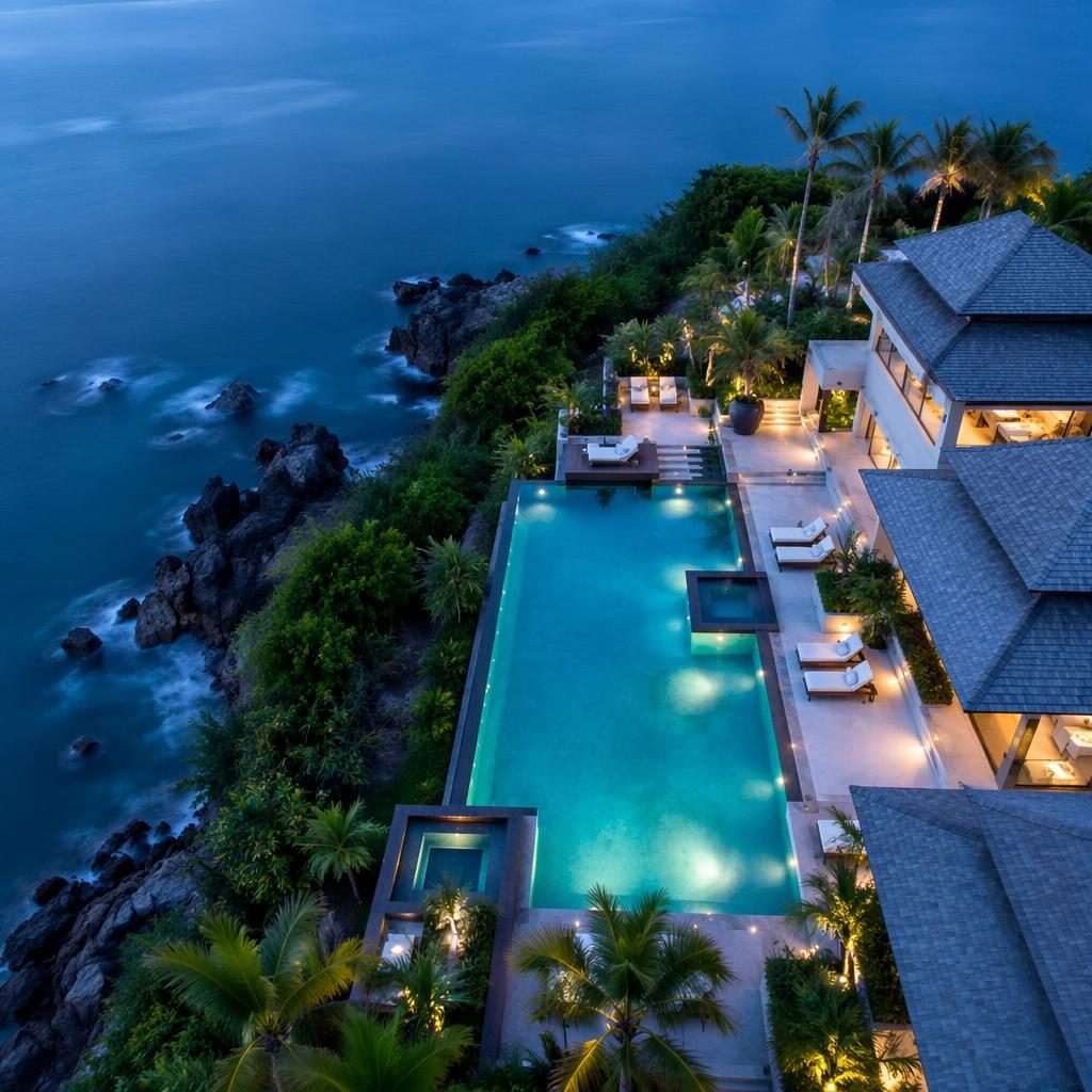 Drone aerial view of a symmetric infinity pool resort at blue hour with cool blue ocean tones and sharp top-down detail.