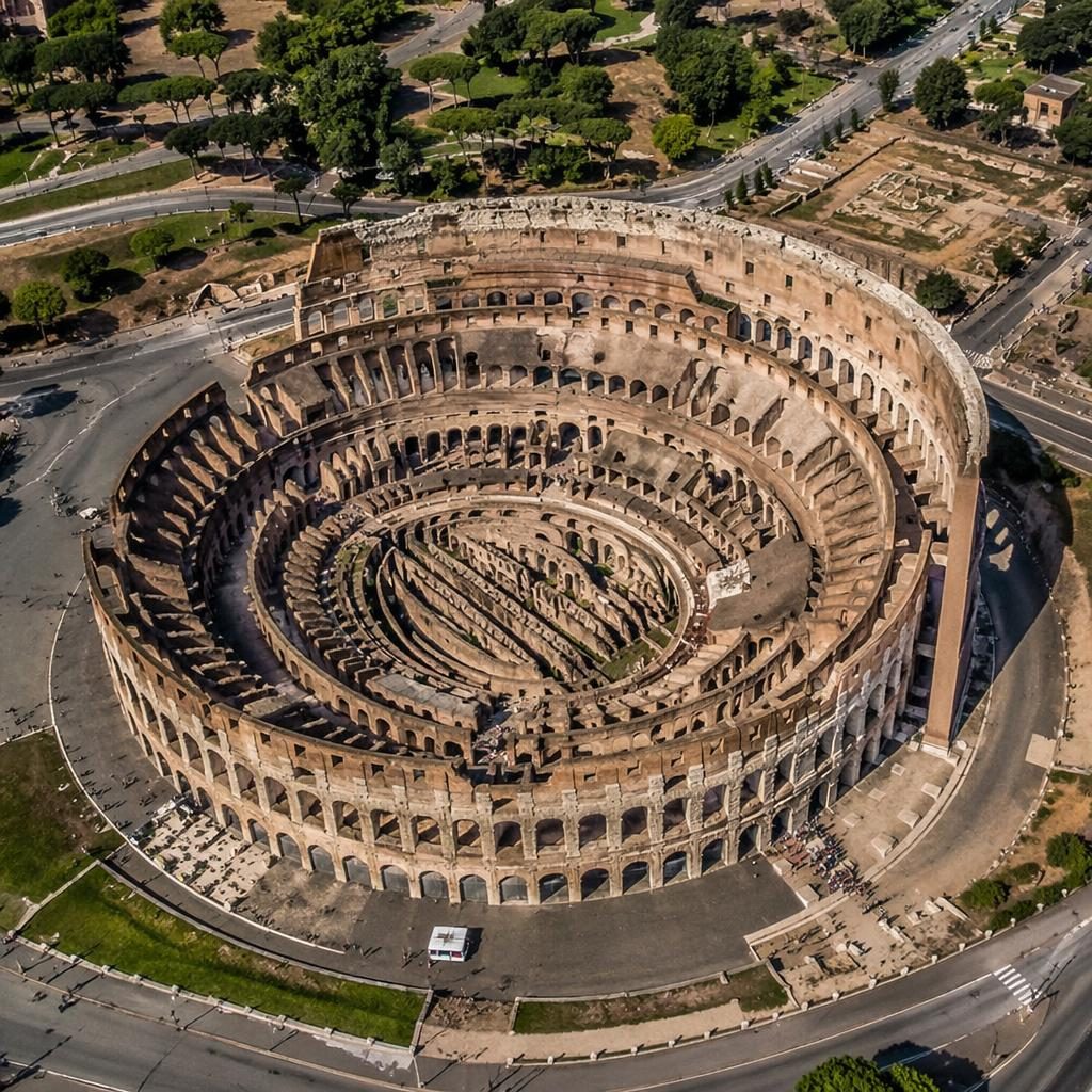 Low-altitude drone view of oval Roman Colosseum-style ruins beside neat vineyard rows at noon under clear skies.