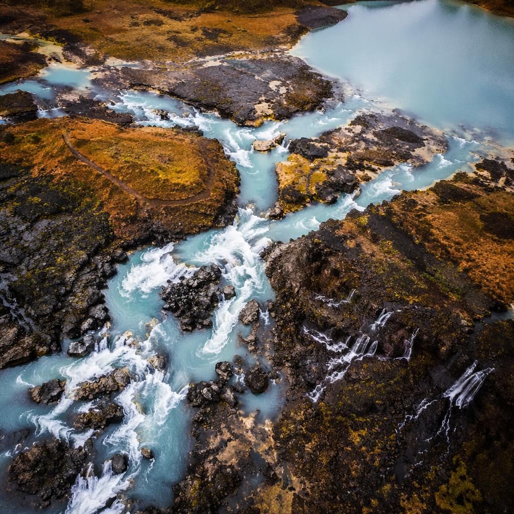 Drone aerial view of an Iceland resort with infinity pool, geothermal river patterns, and warm overcast sunset tones