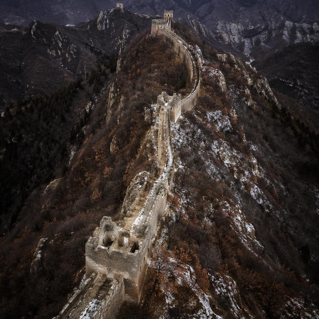 Drohnen-Luftbild einer langen alten Mauer auf winterlichem Berggrat bei bedecktem Himmel, detailreich von oben