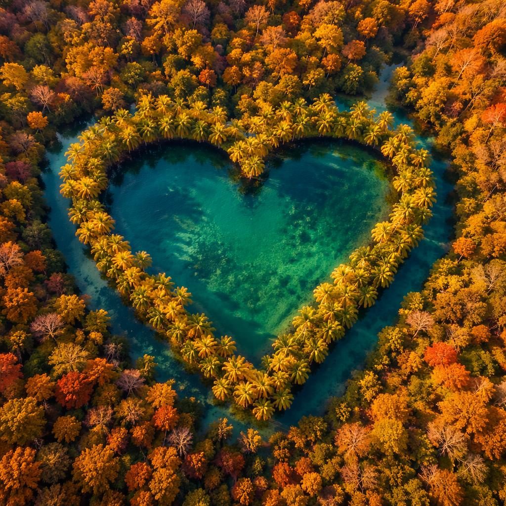 Drone aerial view of a heart-shaped palm tree atoll with vivid autumn-toned canopy and clear noon lighting