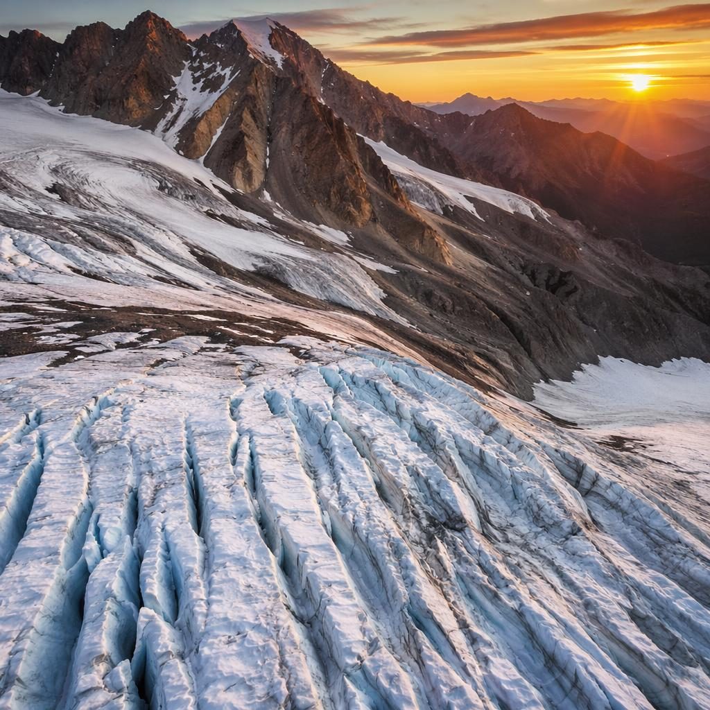 Drone oblique photo of a snowy alpine resort with glacier crevasse patterns, clear noon light, and vivid HDR detail.